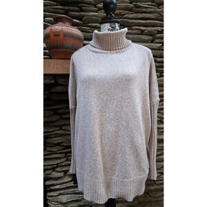 Tan Turtleneck Sweater with Ribbed Sleeves